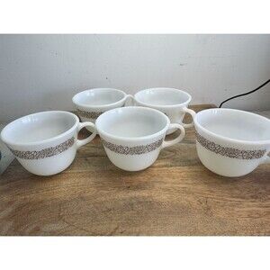 Vintage Pyrex Woodland Milk Glass Coffee Tea Cup Mug Set 5 Brown Corelle Corning